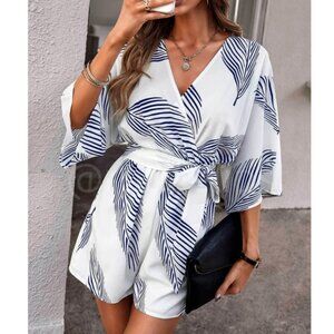 Women's Leaf Tropical Print Blue on White Romper Belted V-Neck